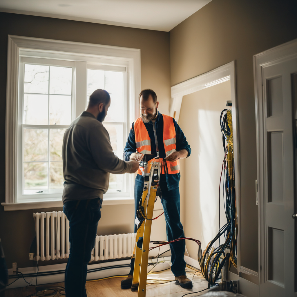 Skilled electrician in uniform checking electrical system with professional tools and equipment