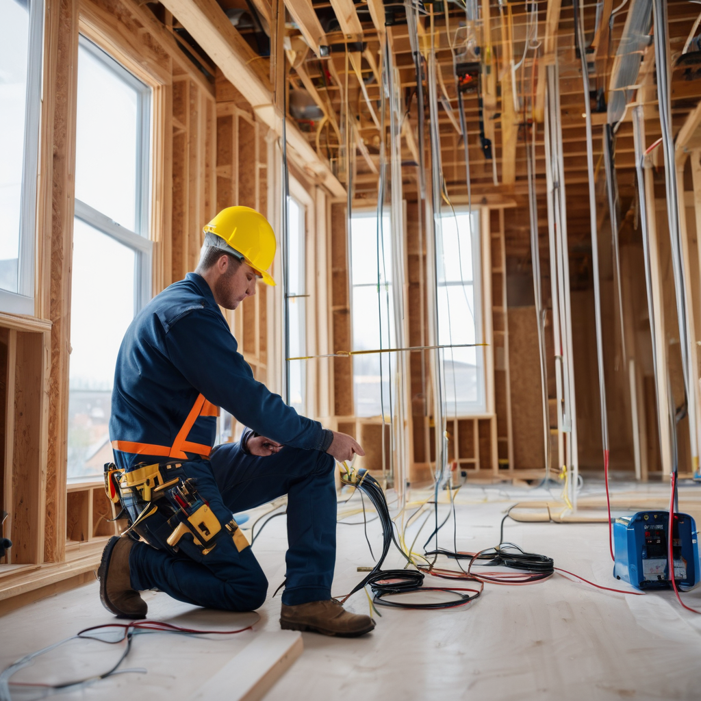 Expert electrician carefully installing electrical wiring in residential wall with precision and professional technique
